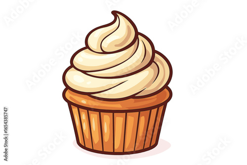 Delicious cupcake with creamy frosting. Vector illustration concept for a bakery, pastry shop, or cafe menu. Sweet dessert, muffin, or birthday treat. Cartoon icon isolated.