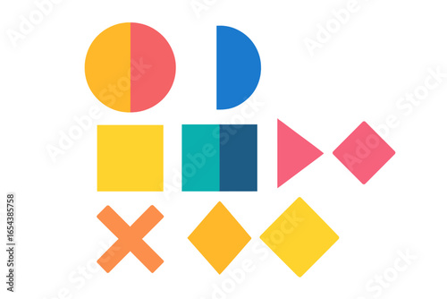 Set of colorful geometric shapes. Flat design icon collection. Circle, square, triangle for modern abstract background or pattern. Minimalist vector elements for graphic design.