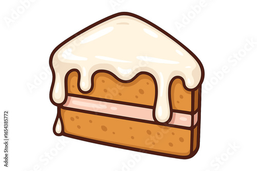 Cake slice vector illustration. Cartoon dessert icon with melted cream frosting. Sweet pastry for birthday party. Bakery or cafe menu graphic element. Delicious baked food isolated.