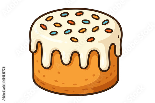 Easter cake vector illustration. Traditional kulich or paska with icing glaze and sprinkles. Sweet pastry dessert for holiday celebration. Bakery, confectionery food icon.