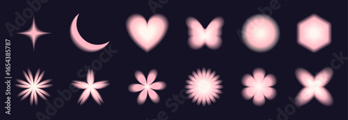 Set of y2k aura gradient shapes. Star, moon, heart, butterfly, flower symbols on dark background. Neon pink glow abstract icons with blurry effect. 