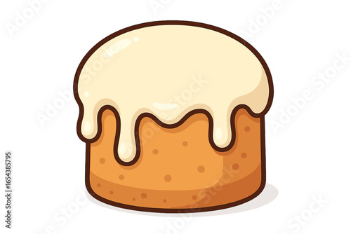 Vector cartoon illustration of a sweet dessert cake with dripping white icing glaze. Concept for bakery, pastry shop, confectionery, holiday baking, Easter bread, or celebration food.