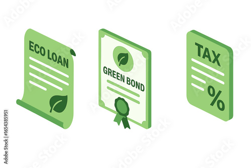 Green financing isometric icon set. Eco loan document, green bond certificate, and tax incentive vector. Sustainable investment, ESG, and environmental finance concepts illustration.