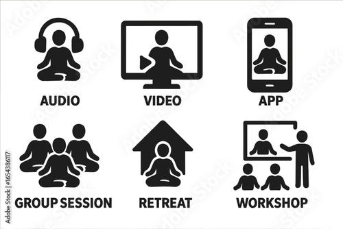 Guided meditation icon set. Vector glyphs for audio, video, app, group session, retreat, and workshop formats. Mindfulness, yoga, and wellness concept symbols. Solid pictograms.