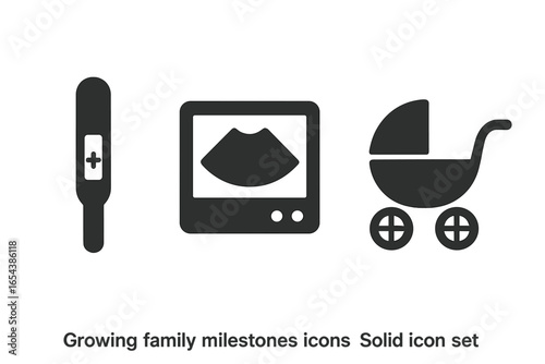 Growing family milestones icon set. Solid glyphs of positive pregnancy test, ultrasound scan, and baby carriage. Concepts of maternity, newborn, parenthood, and expectation.