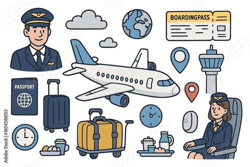 Vector cartoon set of air travel essentials. Aviation doodle icon collection with airplane, pilot, flight attendant, passport, luggage. Airport and vacation flight concept.
