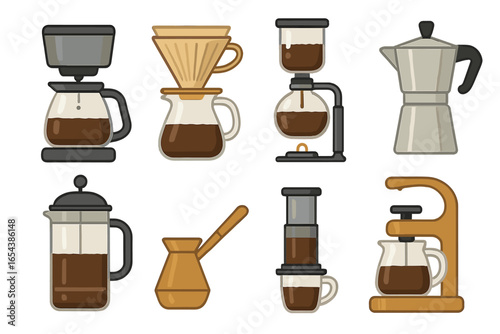 Coffee brewing methods vector icon set. Collection of coffee makers: drip machine, pour-over, siphon, moka pot, french press, cezve, aeropress. Barista equipment isolated.