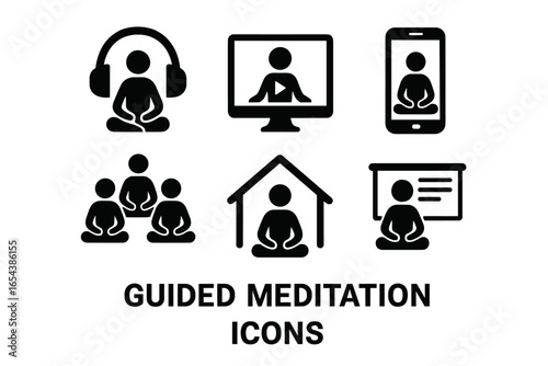 Guided meditation solid icon set. Vector pictogram collection for audio, video, app, group session, workshop, and retreat. Mindfulness, yoga, and mental health concepts.