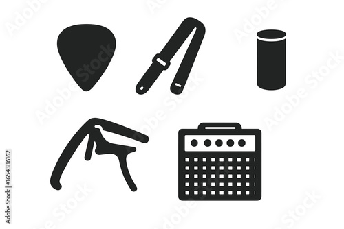 Guitar accessories solid icon set. Musician equipment glyph symbols for music. Vector illustration includes a guitar pick, plectrum, strap, capo, slide, bottleneck, and amplifier.