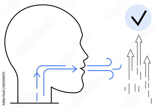 Outline of a human head with arrows depicting airflow pathways during inhalation and exhalation. Progress, health, breathing, meditation, efficiency, respiratory system, and wellness focus