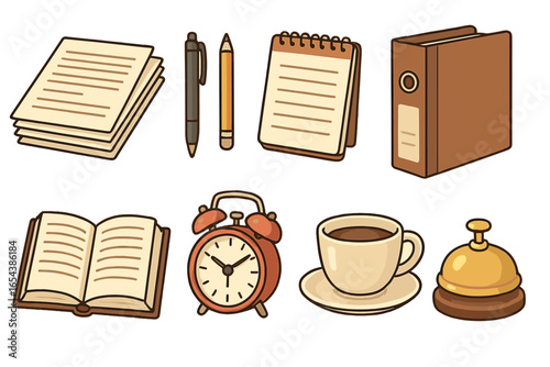 Office supplies and work essentials icon set. Vector cartoon illustrations of paper documents, pen, notebook, binder, book, alarm clock, coffee cup, and hotel bell. For business.