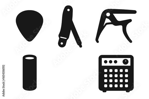 Guitar accessories solid icon set. Essential musician equipment glyphs. Vector illustration of a guitar pick, plectrum, strap, capo, slide, and amplifier combo.