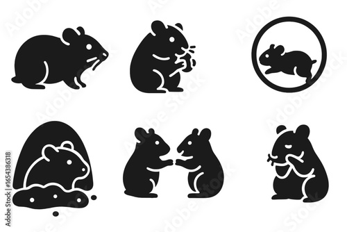 Hamster icon grid solid filled vector set. Hamster behavior actions: sniffing, nibbling, running, burrowing, playing, grooming. Cute pet rodent animal collection.