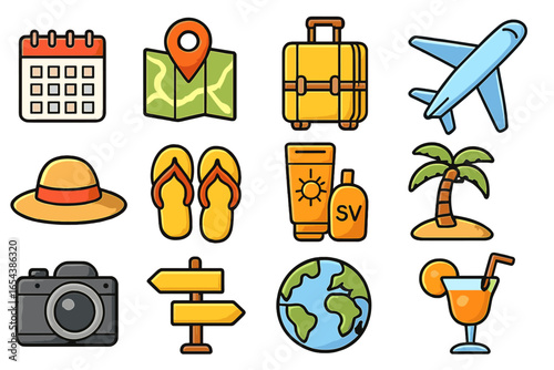 Essential travel icons for planning a summer vacation. Vector icon set with airplane, luggage, map, and camera for tourism. Beach holiday and journey concept cartoon illustration.