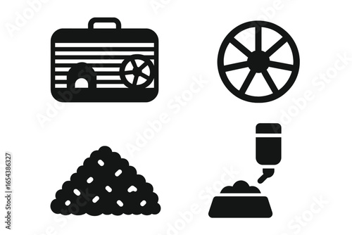 Hamster habitat solid glyph icon set. Pet rodent care symbols collection. Hamster cage, exercise wheel, bedding, water bottle, food bowl. Vector for pet shop supplies.
