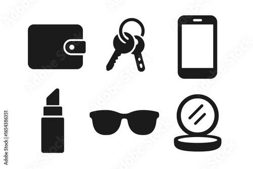 Handbag essentials icon set. Woman's purse content. Daily personal items vector collection. Wallet, keys, phone, lipstick, sunglasses, compact mirror. Solid glyph symbols.