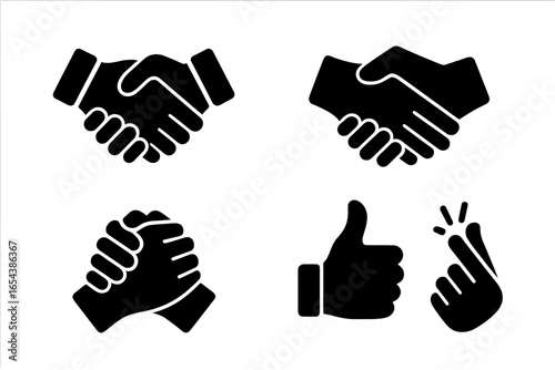 Handshake gesture icon set. Business deal and partnership agreement symbol. Concept of unity, support, and brotherhood with clasped hands. Thumbs up for approval and like.
