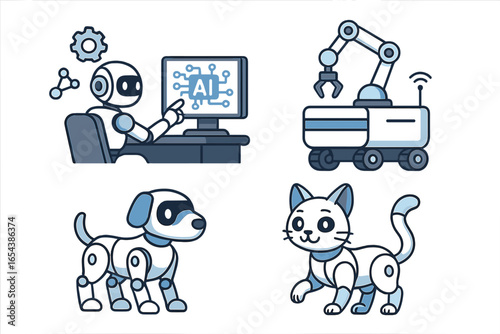 Robotics and AI vector icon set. Artificial intelligence, machine learning, automation concepts. Robot at computer, industrial AGV with arm, mechanical pet dog and cat.