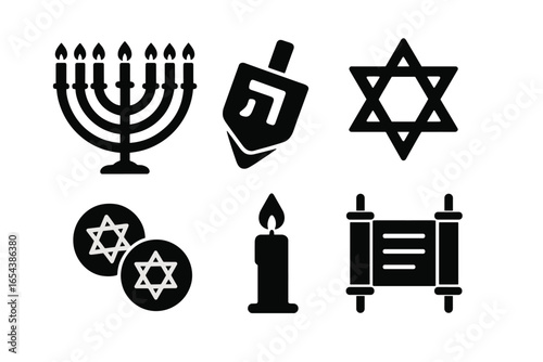 Hanukkah solid glyph icon set. Jewish holiday traditional symbols. Menorah, dreidel, Star of David, gelt coins, candle, Torah scroll. Judaism religious vector elements.