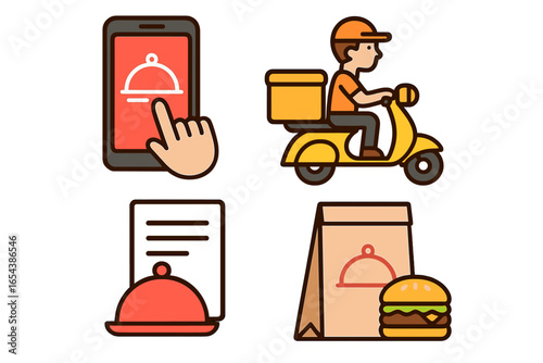 Food delivery service icon set. Online order via mobile app. Fast delivery by courier on scooter. Takeaway meal concept. Vector cartoon illustration for on-demand dining.