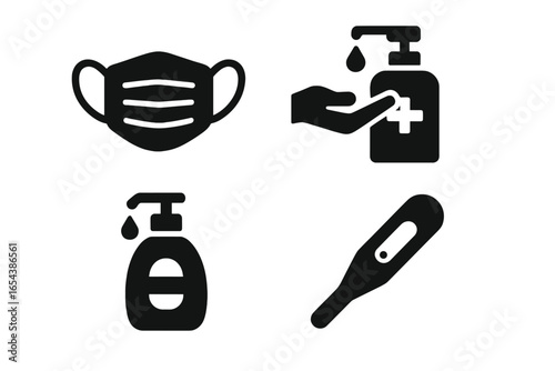 Health precaution icons. Solid filled icon set of health precautions. Face mask, hand sanitizer, soap dispenser, thermometer. Vector illustration for pandemic, hygiene, medical.
