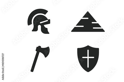 Historical icon set of ancient civilizations. Vector glyph collection with Roman gladiator helmet, Egyptian pyramid, Viking battle axe, and medieval crusader shield.