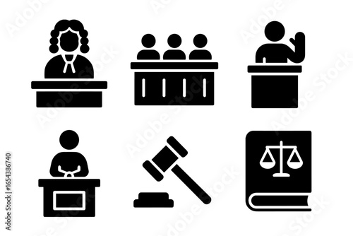 Historical trial icons vector set, solid filled law symbols, judge, jury, witness stand, defendant, gavel, law book, justice courtroom illustration for legal attorney concepts