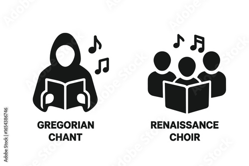 Historical Christian music vector icon set. Solid glyph illustration of Gregorian chant and Renaissance choir singers. Medieval monk and sacred church music concept symbols.