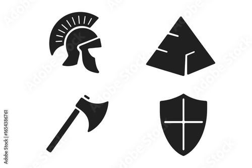 Ancient Civilizations Historical Icon Grid Vector. Solid Filled Icon Set of Roman Helmet, Egyptian Pyramid, Viking Axe, Medieval Shield. History Periods, Archaeology, War, Culture Graphic.
