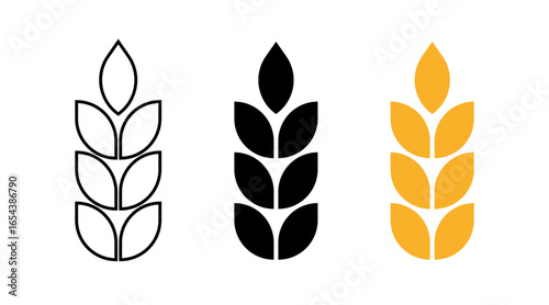 Wheat icon. Silhouette wheats isolated on white background. Malt beer. Malts spike. Spikelet grain. Barley or corn for flour print design. Cereal ear. Seed millets. Oat farming. Vector illustration