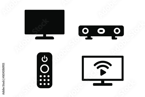 Modern home entertainment icon set. Solid filled vector illustration of flat-screen TV, soundbar, remote control, streaming device. Home electronics, digital media, smart TV technology concept.