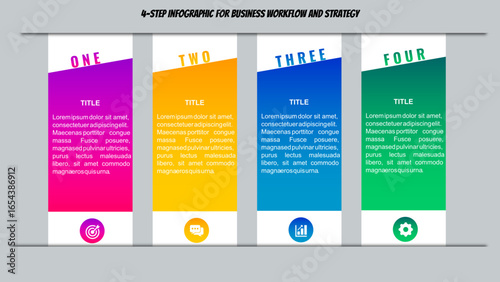4 Step Vertical Infographic Banner with Colorful Columns and Business Icons for Presentation, Process Workflow, Strategy Planning, Marketing Report, Data Visualization, PowerPoint, and Google Slides