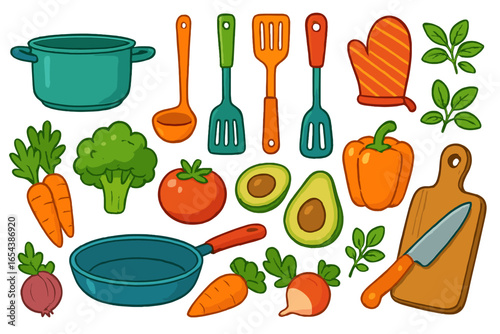 Vector set of cartoon cooking tools and fresh vegetables. Kitchen utensil and healthy food icons for meal prep. Pot, pan, spatula, knife, carrot, tomato, pepper, avocado.