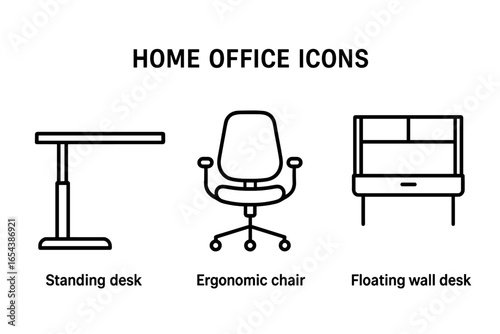 Modern home office furniture vector icon set. Outline design of standing desk, ergonomic swivel chair, floating wall desk. Minimal line art, workplace decor, contemporary workspace equipment.