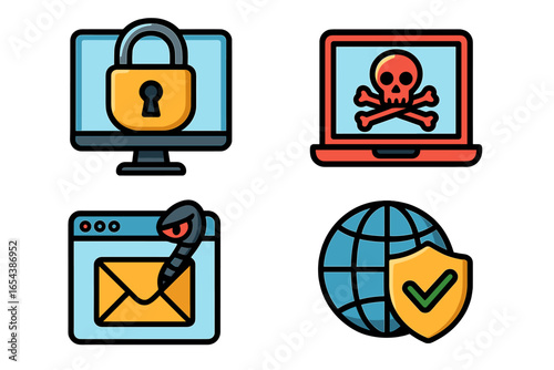 Cybersecurity icon set with symbols for digital security. Vector illustration of data privacy lock, virus threat, email phishing worm, and internet protection shield.