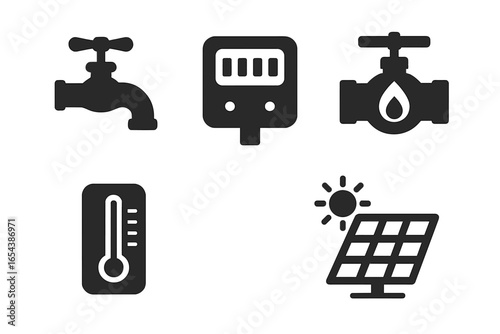 Solid vector icon set of home utility infrastructure. Water tap, electric meter, gas valve with drop, thermostat gauge, solar panel with sun. Energy, power and resource management concept.