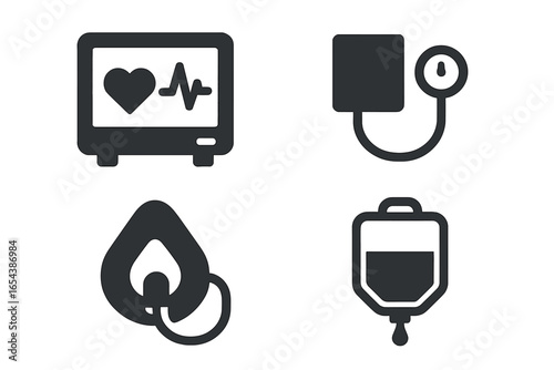 Hospital medical equipment icons set. Solid health care vector pack. Heart monitor, blood pressure, oxygen mask, IV drip, emergency support, diagnostic, life-saving hospital assistance illustration.