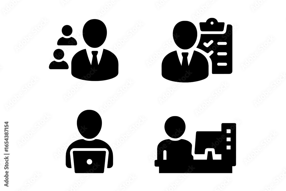 Solid Filled Hybrid Team Icons Set Featuring Team Lead, Project Manager, Remote Worker, and Office Roles, Vector Illustration for Modern Workplace Collaboration and Dynamics Solid Filled Hybrid Team Icons Set Featuring Team Lead, Project Manager, Remote Worker, and Office Roles, Vector Illustration for Modern Workplace Collaboration and Dynamics