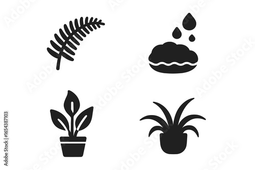 Humidity-Loving Bathroom Plant Icons Set. Solid Vector Illustrations of Moisture-Loving Indoor Houseplants Including Fern, Moss Ball, Peace Lily, and Spider Plant. Modern Botanical Clipart