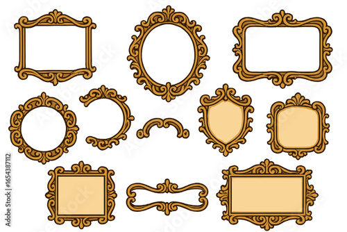 Collection of decorative vintage gold frames and borders. Set of baroque rococo style ornaments. Elegant antique filigree scroll design elements. Vector illustration for label or photo.