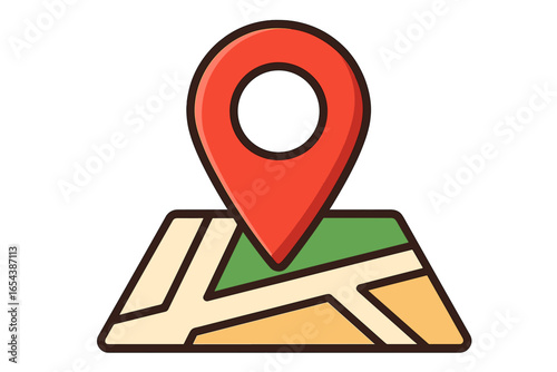 Red location pin on a city map. GPS navigation icon. Concept of destination, address search, and travel route. Geotag marker for position finding. Vector illustration.