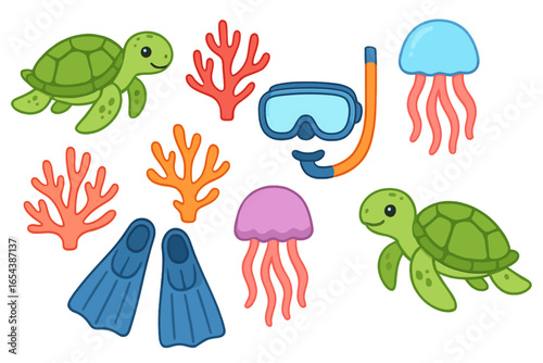 Sea life icon set with cute turtle, jellyfish, coral. Snorkeling gear with mask, flippers for summer vacation. Underwater adventure marine animal cartoon vector collection.