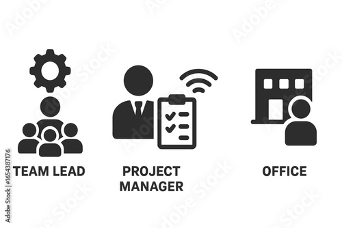 Hybrid team icons solid filled vector set showcasing diverse team roles and dynamics including team lead, project manager, remote worker, and office collaboration in modern workplace