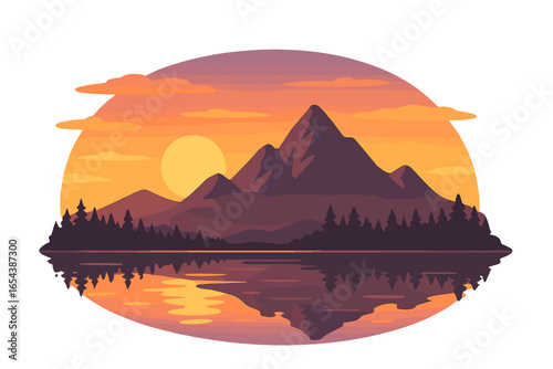 Mountain landscape with lake reflection at sunset. Vector illustration of a serene nature scene with forest silhouette. Outdoor travel, camping and hiking concept logo.