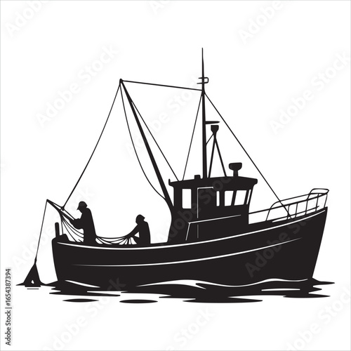 Silhouette of a fishing trawler with two people working