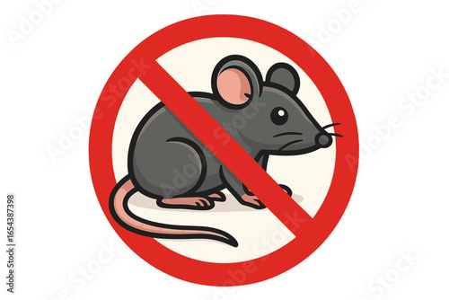 No rodents sign, no mice allowed symbol. Pest control warning icon. Stop rats and vermin concept. Hygiene and sanitation illustration. Forbidden animal entry vector graphic.