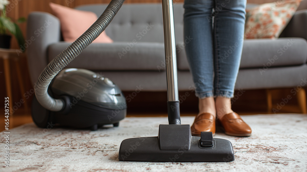 Fototapeta premium A person women in jeans uses a vacuum cleaner in a beautifully decorated living room, featuring upholstery, rugs, and home furnishings, creating a tidy and welcoming space.