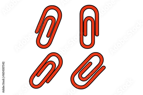 Set of red paper clips. Office supply and stationery tool. School supplies for organization. Business equipment and document fastener concept. Vector icon isolated on white.