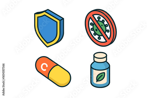 Immunity support icons set. Isometric vector illustration of vitamin supplement shield protection, anti germ symbol, natural herbal extract, medicine capsule. Immune booster health concept.