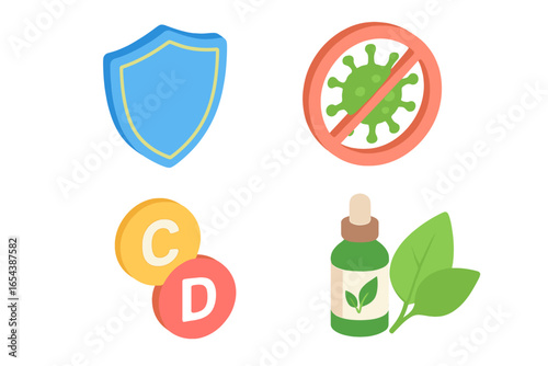 Immunity support concept icons set. Isometric shield icon protection, stop germ bacteria virus symbol, vitamin C D supplement tablets, herbal extract dropper. Health booster. Transparent vector